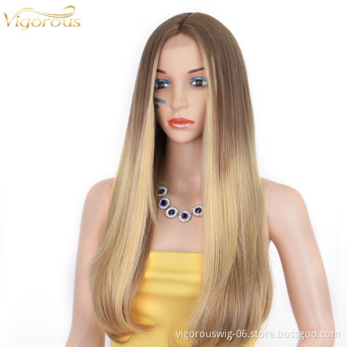 Hot Sale High Quality Vendor Middle Part Mix Ombre Blonde Three Tone Color Long Straight Synthetic Lace Wig Heat Resistant